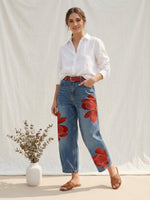 Women's Vintage Wash Red Floral Embroidered Denim Pants