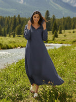 Linen Hooded Pullover Maxi Dress Navy blue / S