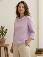 Women's Linen Gingham Checked Round Soft-Fold Collar Top