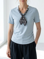 Women’s 100% Cotton T-Shirt with Scarf Detail Elegant Casual Summer Top, Soft Breathable Short Sleeve Blouse