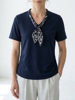 Women’s 100% Cotton T-Shirt with Scarf Detail Elegant Casual Summer Top, Soft Breathable Short Sleeve Blouse