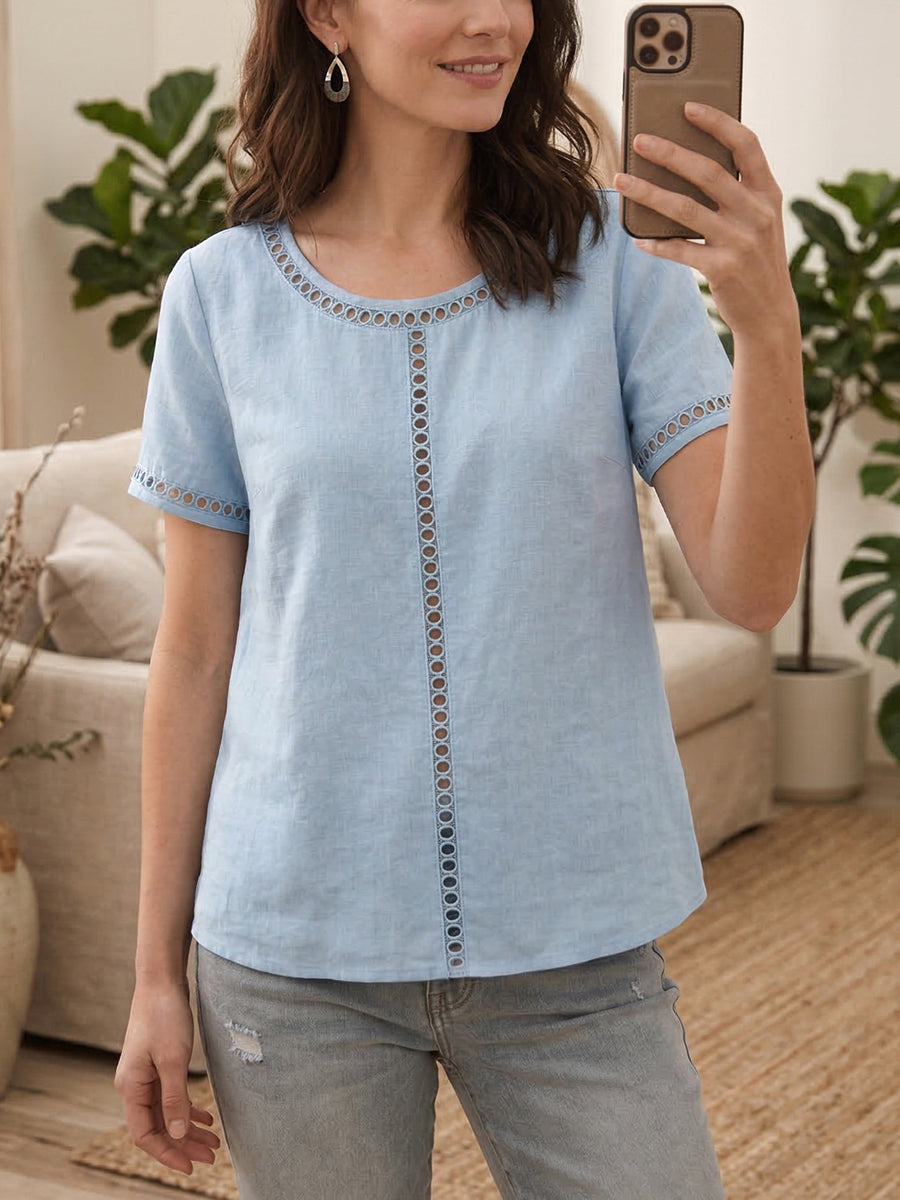 Cozy And Casual Patchwork Linen And Cotton Top With Openwork Weave