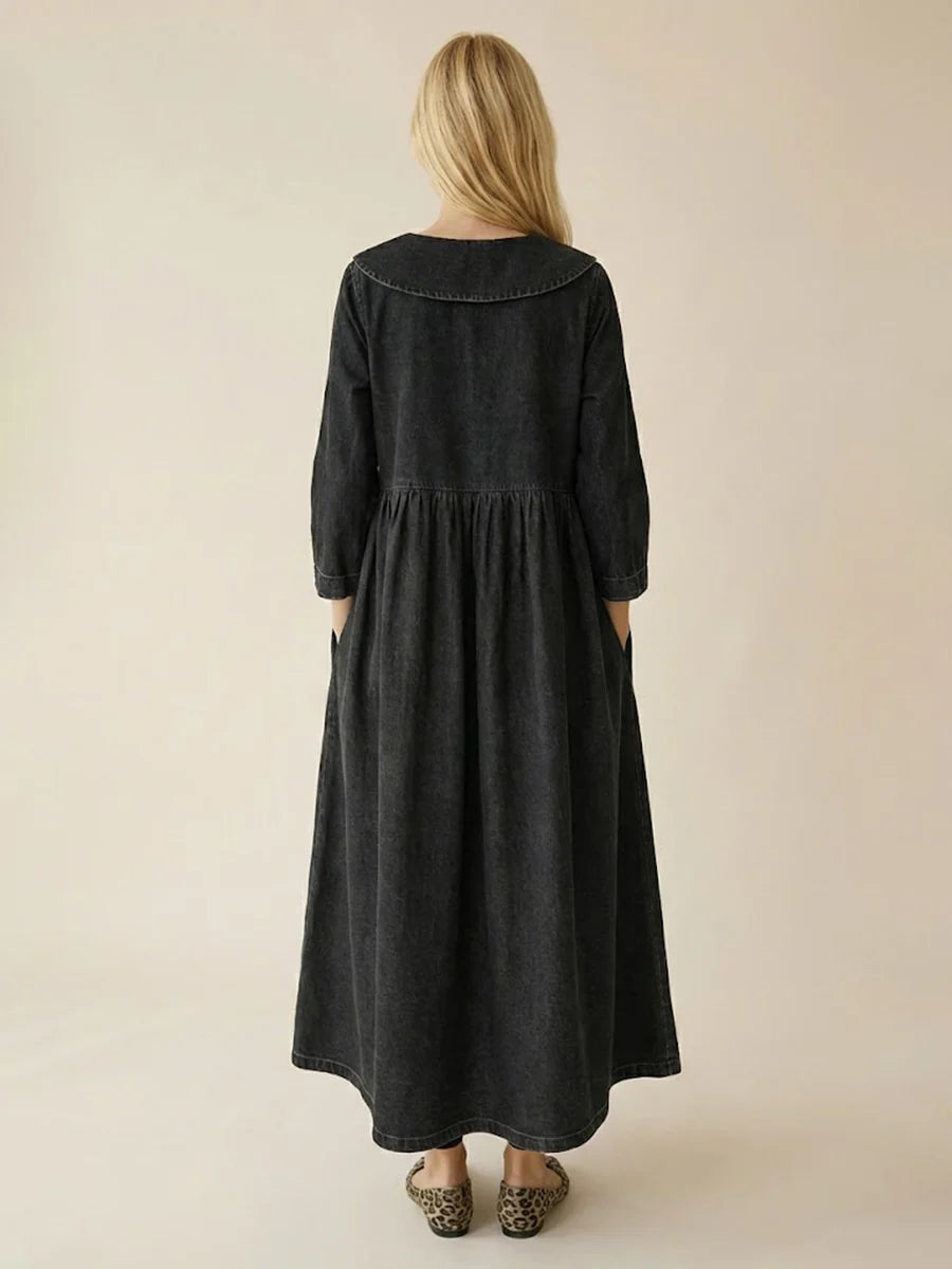 Peter Pan Collar Long-sleeved Loose-fitting Casual Denim Dress Women