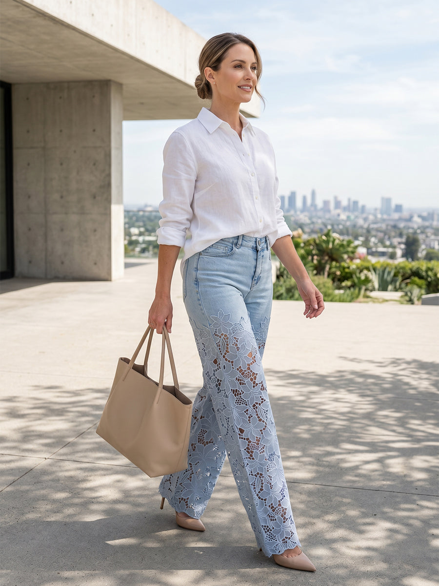 Women's High-Waisted Lace Patchwork Flowy Wide-Leg Denim Pants