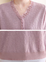 Casual And Cozy Jacquard Knit Pullover With Pearl-embellished Collar