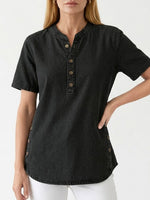 Women's Loose Denim Top - V Neck Short Sleeve Casual Button Up Cotton Blouse