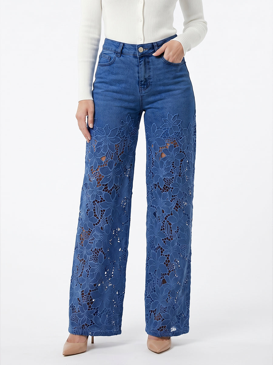 Women's High-Waisted Lace Patchwork Flowy Wide-Leg Denim Pants