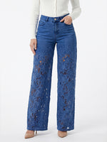 Women's High-Waisted Lace Patchwork Flowy Wide-Leg Denim Pants
