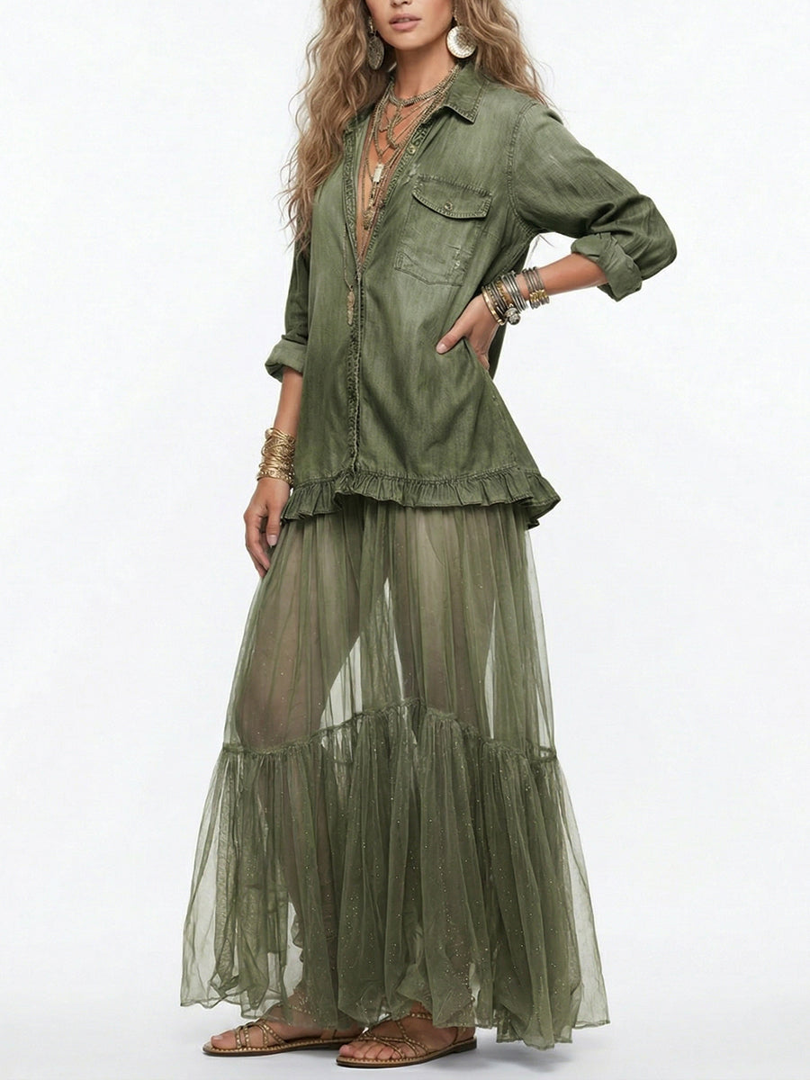 Mother’s Day Vintage Denim Patchwork Maxi Dress – Elegant & Timeless Gift