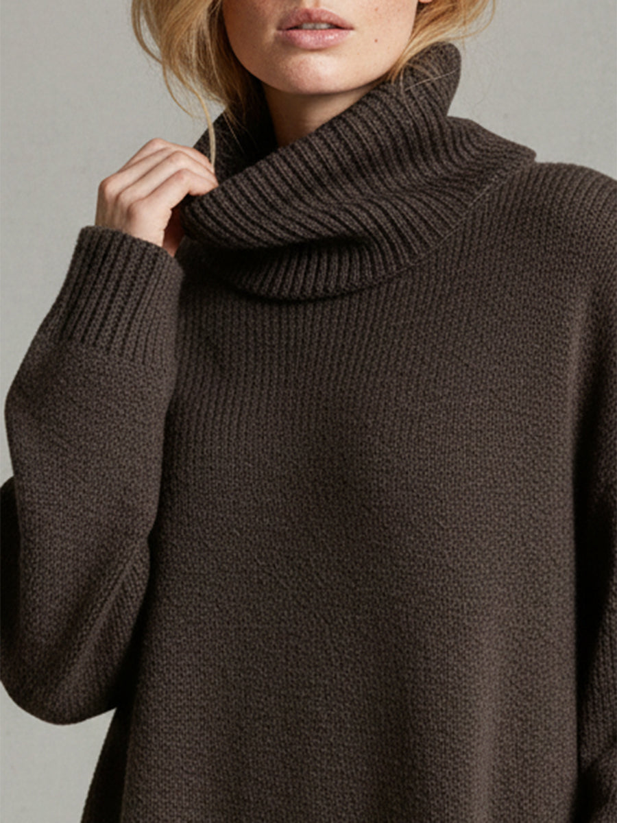 Women's Solid Color High-Neck Long-Sleeve Casual Loose Knit Dress