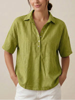 FIORACHIC Women’s Cotton Linen Polo Collar Short Sleeve Casual Shirt