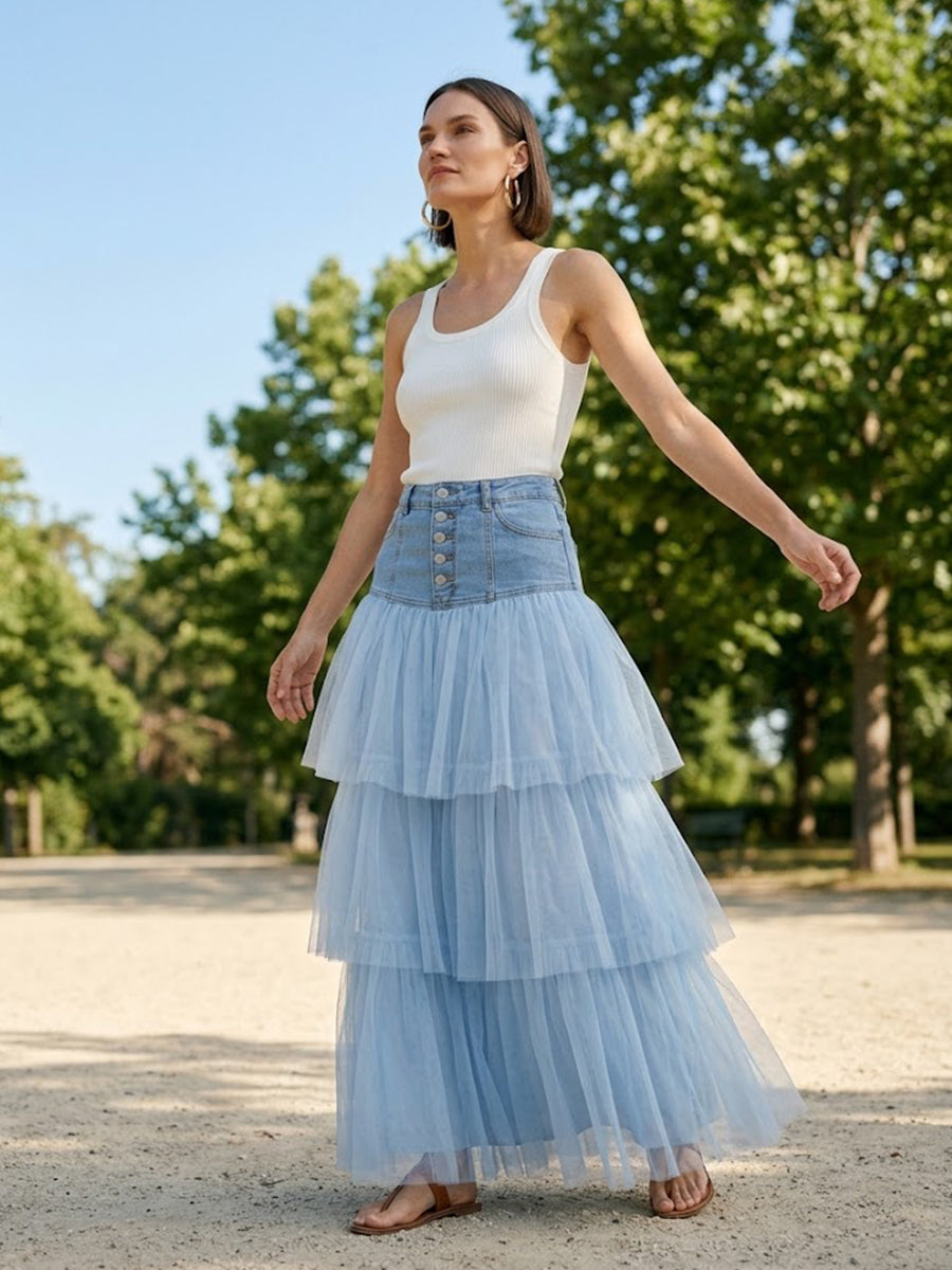 Stylish Balletcore Casual Spliced Mesh Denim Skirt