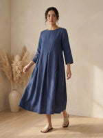 Womens Linen Bateau Neck Pleated Maxi Dress