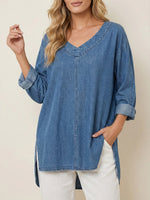 Women's Casual Washed Denim V-Neck Tunic Top