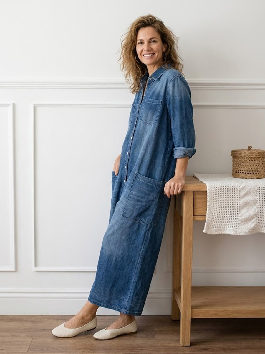 Womens Washed Dark Denim Pocket Button Down Jumpsuit