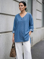 Women's Casual Washed Denim V-Neck Tunic Top