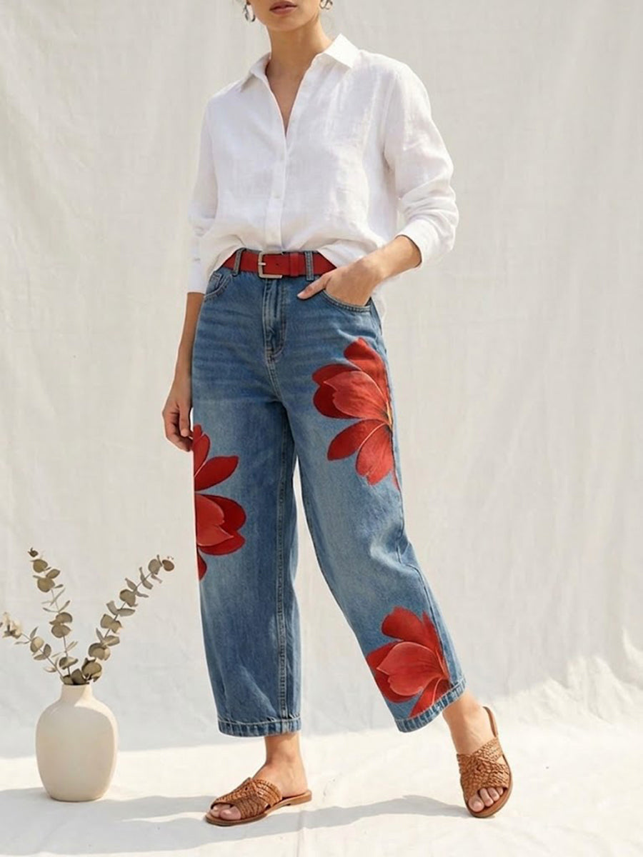 Women's Vintage Wash Red Floral Embroidered Denim Pants