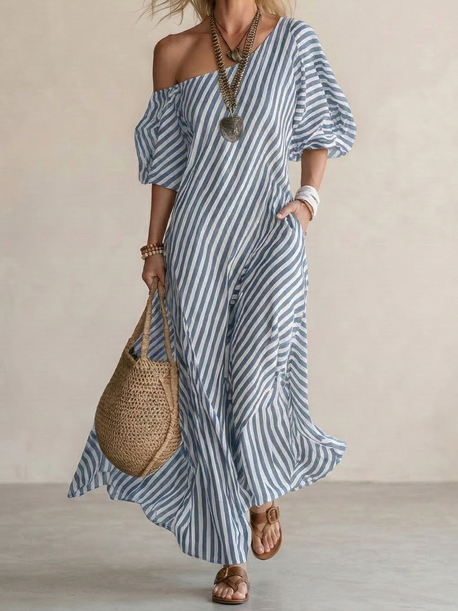 FIORACHIC Women’s Striped Off-Shoulder Maxi Dress – Elegant Summer Vacation Dress