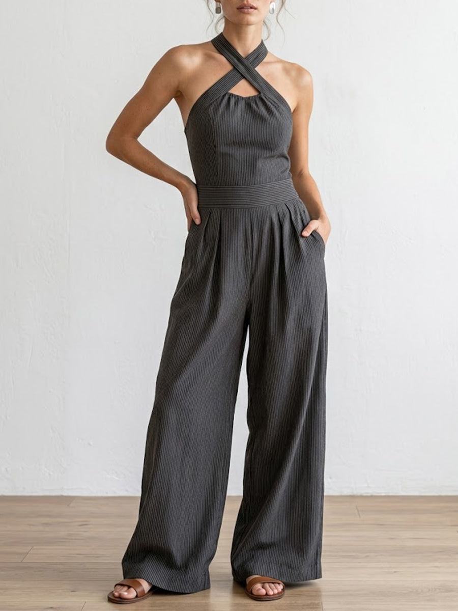Women's Cross-neck Halter Design Cotton-linen Jumpsuit