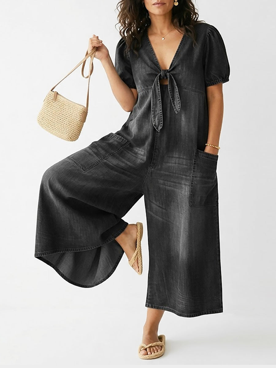 Women's Casual Loose Short-sleeved V-neck Denim Jumpsuit