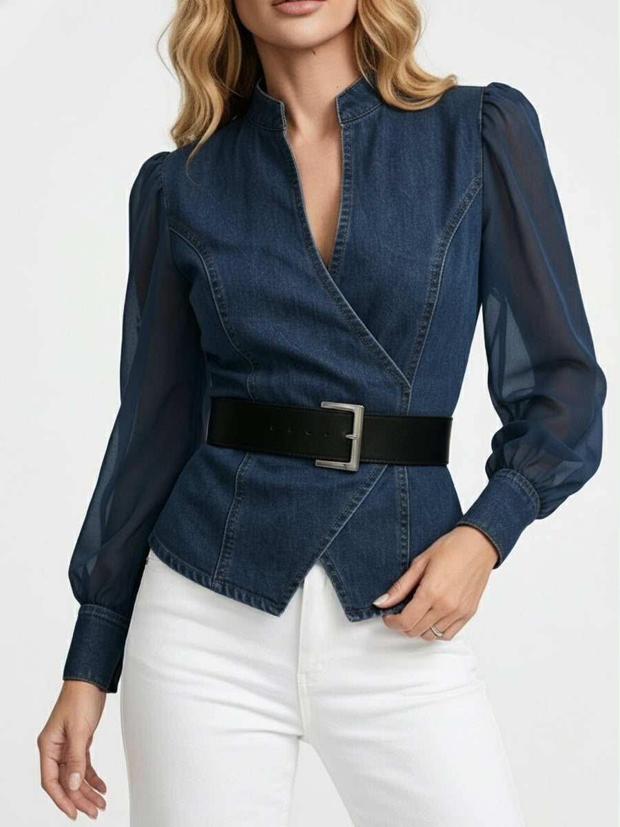 Women's Elegant Slim-fitting Denim Blue Top with Organza Sleeves