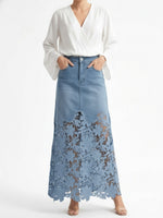 Floral Blue Denim Skirt Spring Lace Skirt for Women