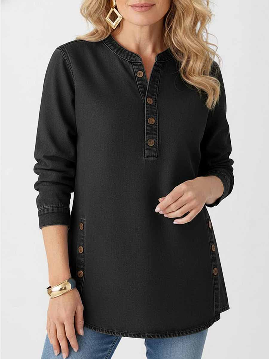 Women's V-neck Long-sleeved Casual Button-up Loose Denim Top