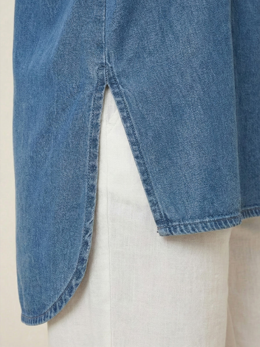 Women's Casual Washed Denim V-Neck Tunic Top