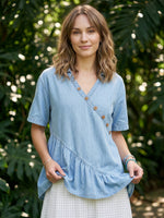 Women's Vintage Casual Ruffles Denim Short Sleeve Shirt