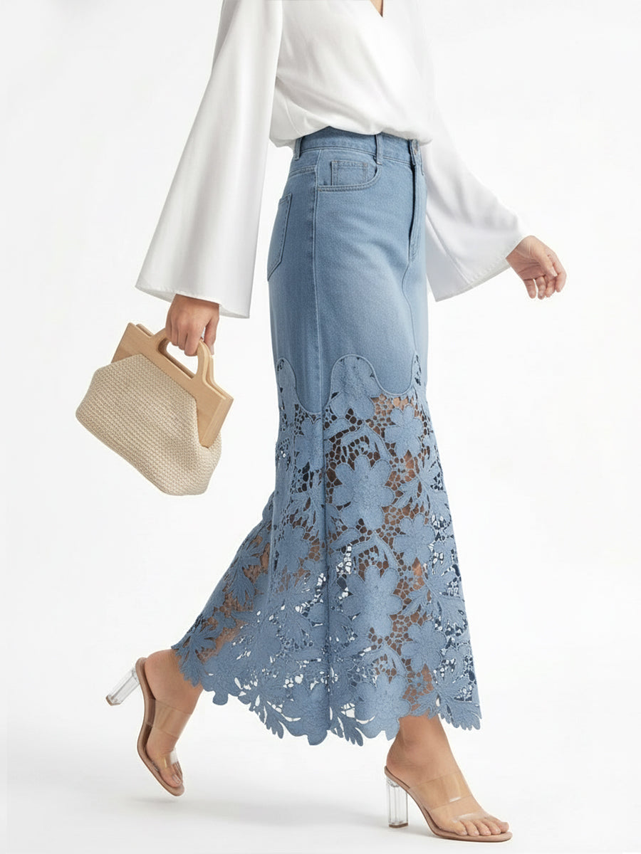 Floral Blue Denim Skirt Spring Lace Skirt for Women