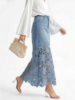 Floral Blue Denim Skirt Spring Lace Skirt for Women