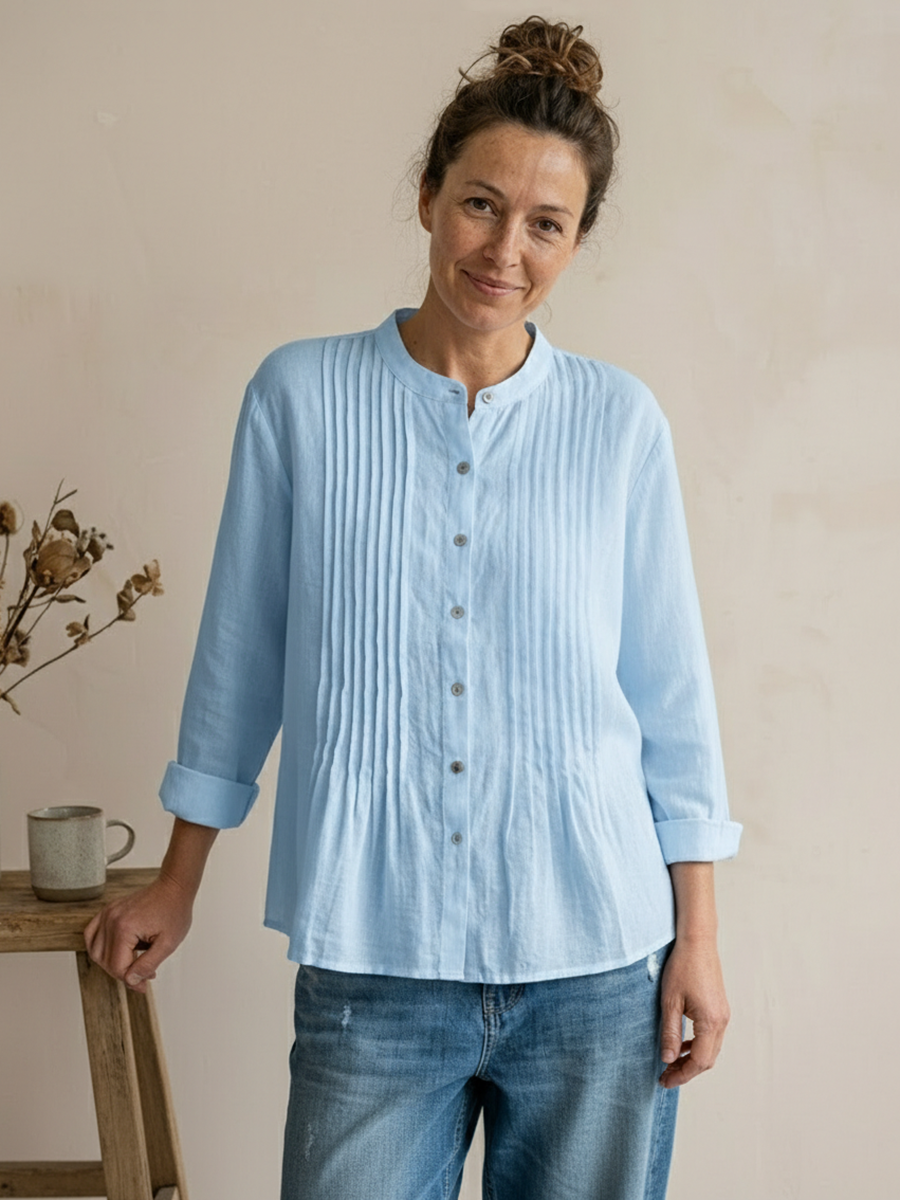 Women's Relaxed Fit Cotton-Linen Blend Shirt with Pintuck Detail