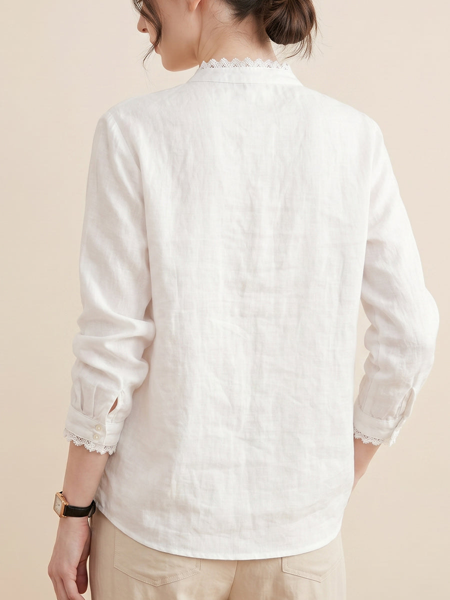 Women’s Minimal Lace Cotton Linen Top – Loose Fit Breathable Summer Blouse