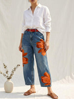 Women's Vintage Wash Red Floral Embroidered Denim Pants