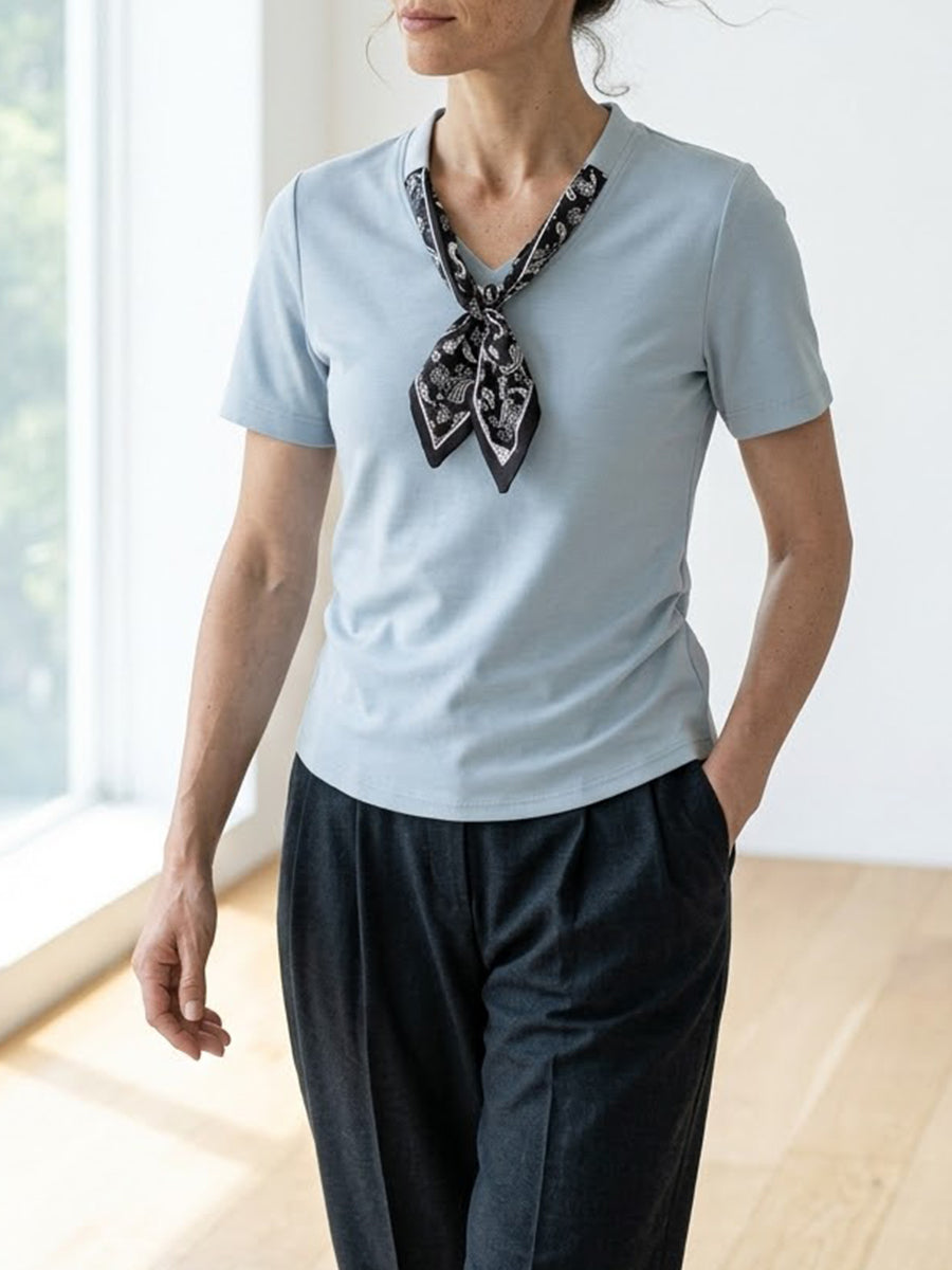 Women’s 100% Cotton T-Shirt with Scarf Detail Elegant Casual Summer Top, Soft Breathable Short Sleeve Blouse