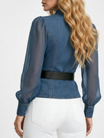Women's Elegant Slim-fitting Denim Blue Top with Organza Sleeves