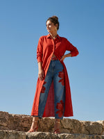 Women's Vintage Wash Red Floral Embroidered Denim Pants