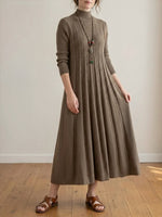 Womens Mid-Collar Loose-Fit A-Line Maxi Wool Dress with Knee-Length Hem