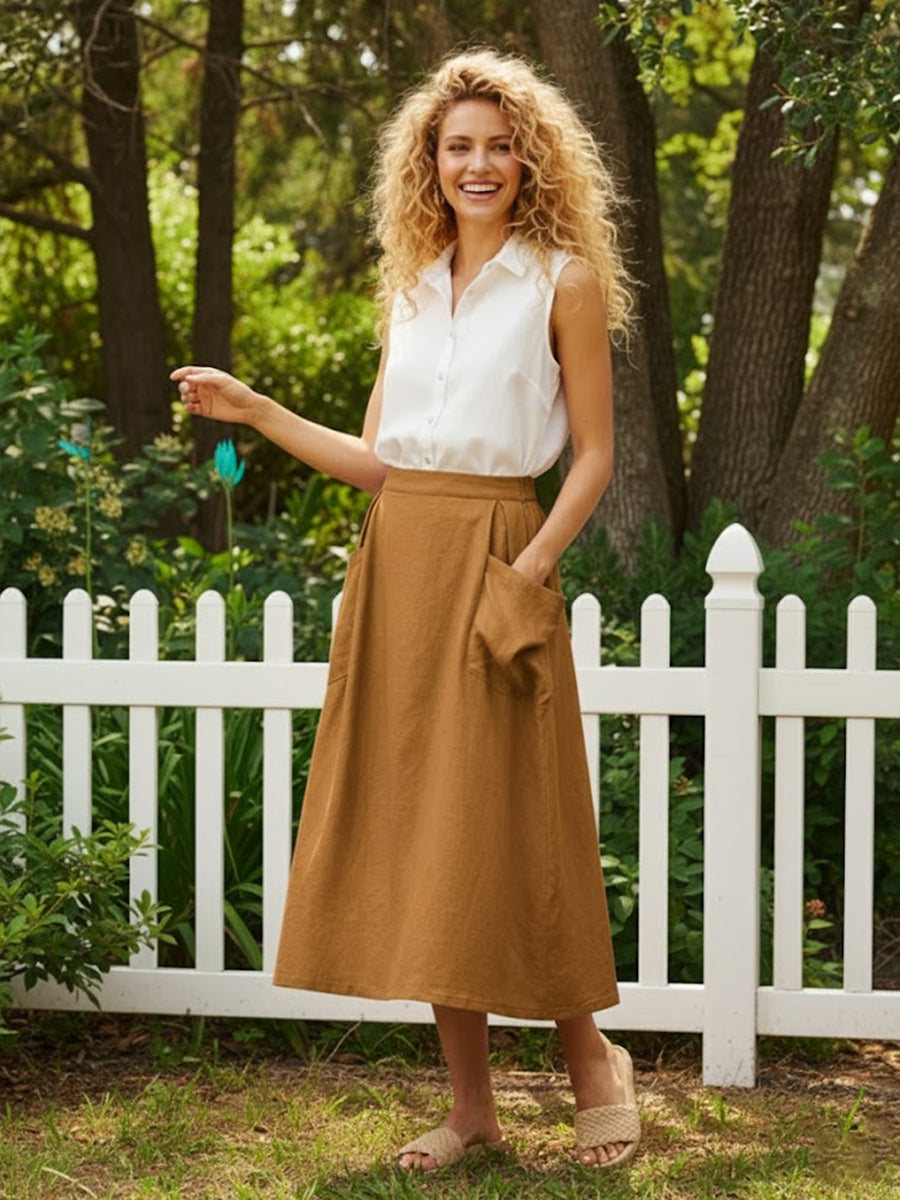 Linen Checked Elastic Waist Skirt Brown / S