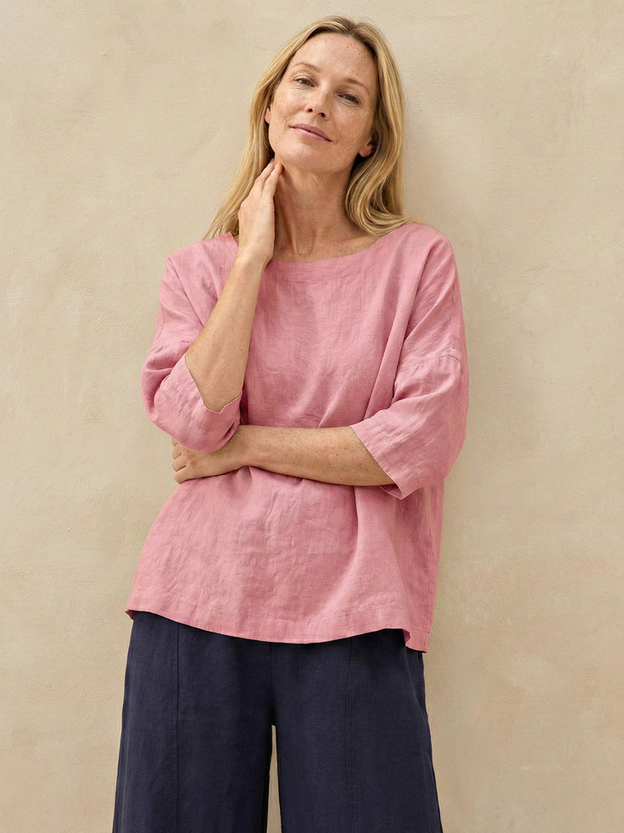 Linen Boatneck 3/4 Length Sleeve Top