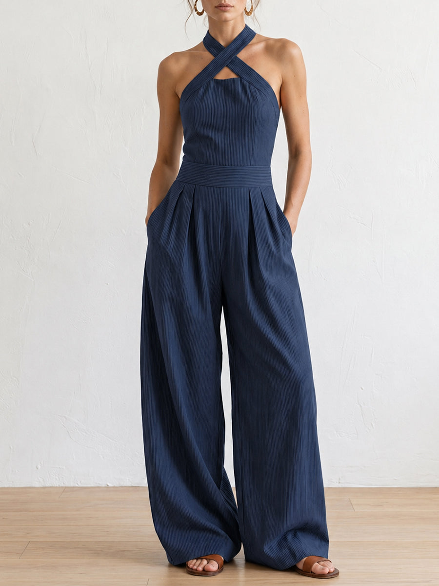 Women's Cross-neck Halter Design Cotton-linen Jumpsuit