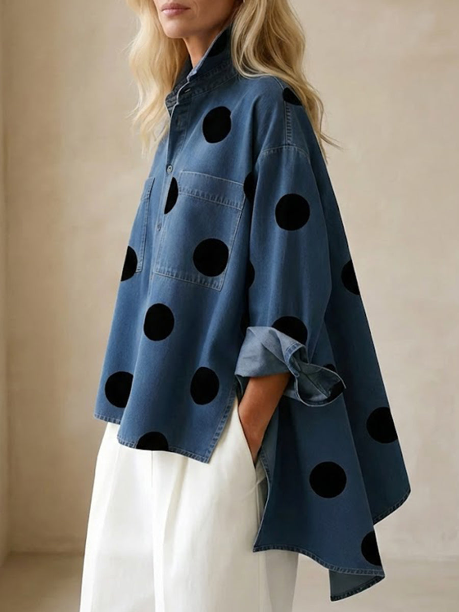 Womens Elegant Artistic Polka Dot Print Stand-collar Denim Top