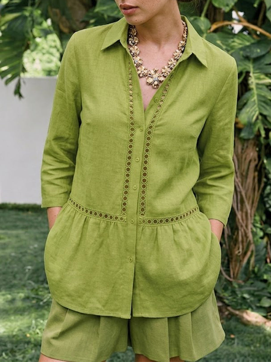 Womens Casual Patchwork Openwork Webbing Linen And Cotton Shirt