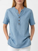 Women's Loose Denim Top - V Neck Short Sleeve Casual Button Up Cotton Blouse