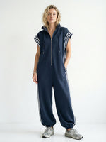 Women's Stand Collar Short Sleeve Cotton Wide-Leg Jumpsuit – Casual Loose Fit