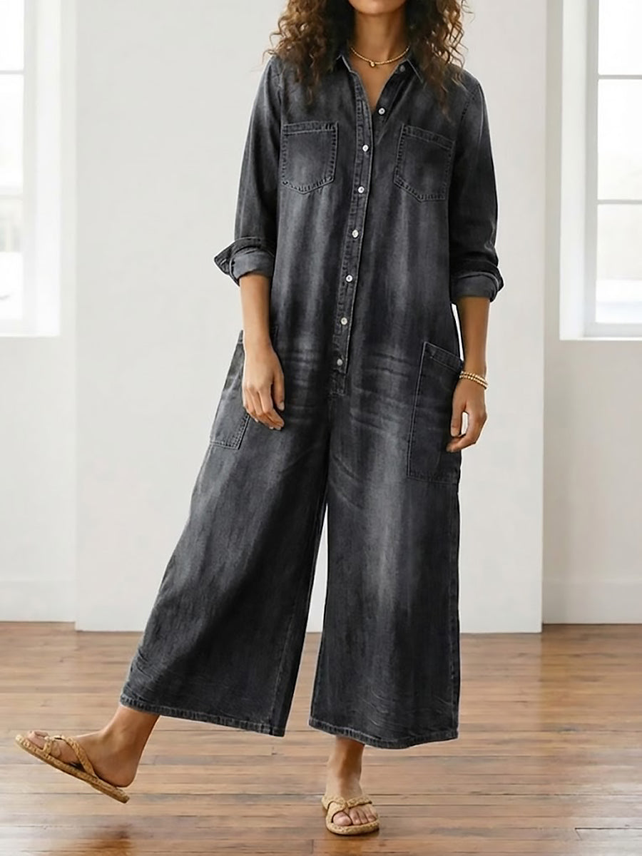 Womens Washed Dark Denim Pocket Button Down Jumpsuit