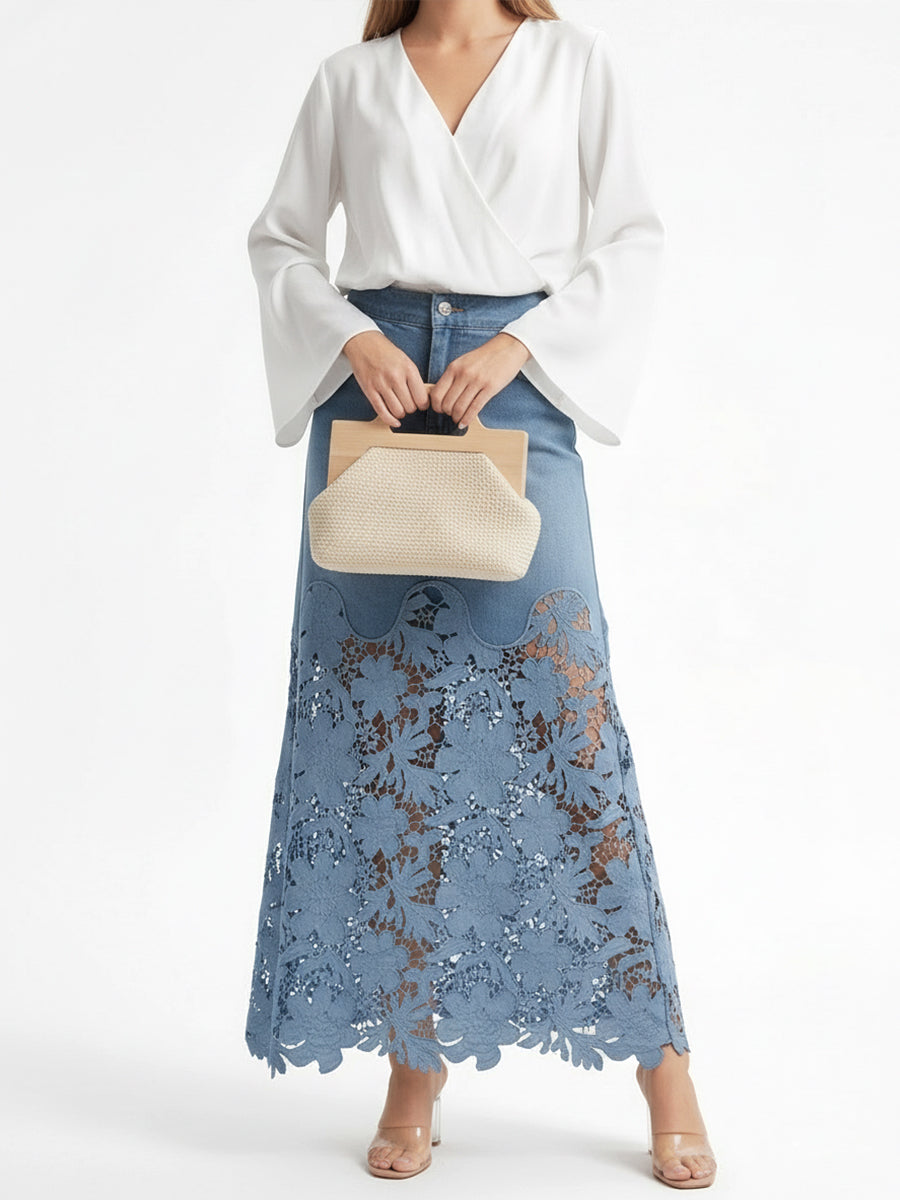 Floral Blue Denim Skirt Spring Lace Skirt for Women