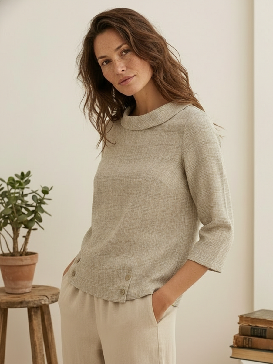 Women's Linen Gingham Checked Round Soft-Fold Collar Top