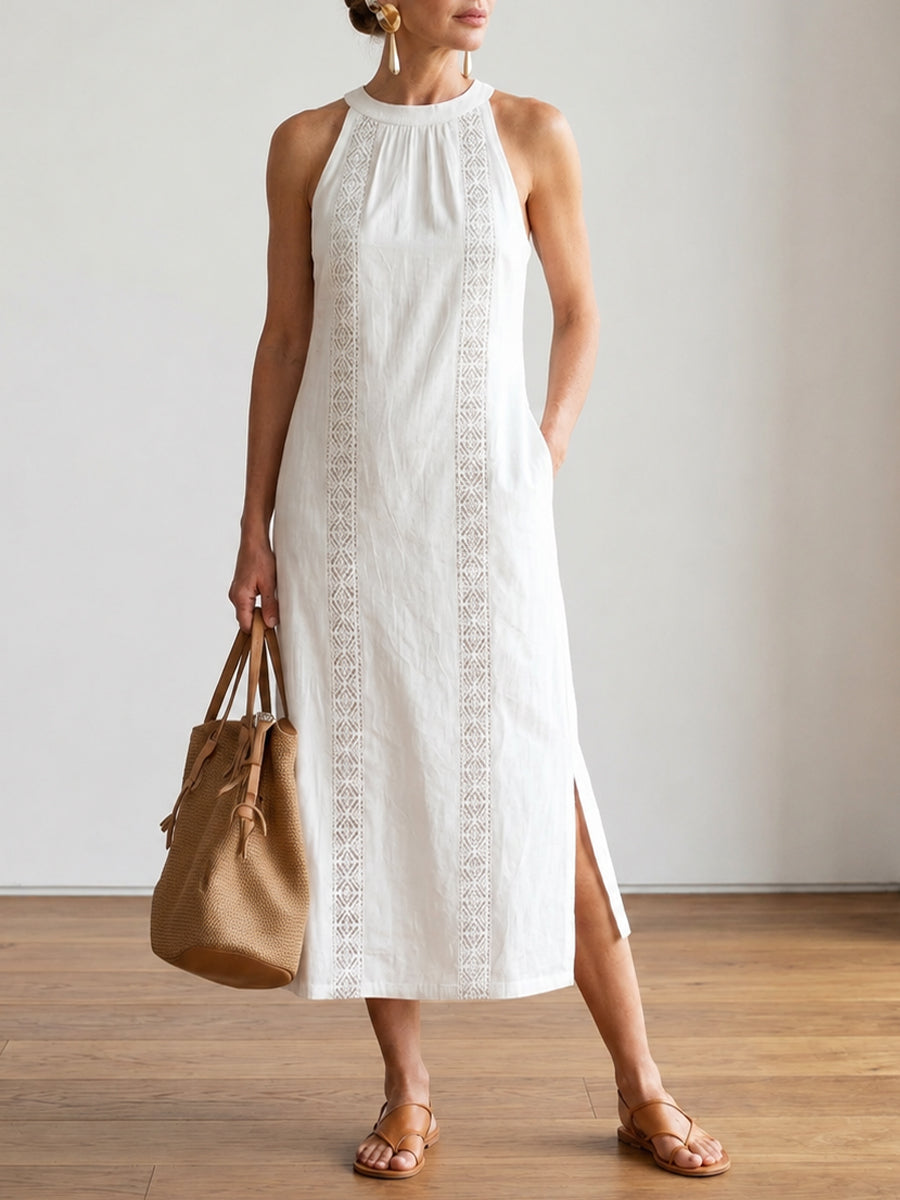 Retro Cozy Lace Linen Dress Spring White Dresses for Women