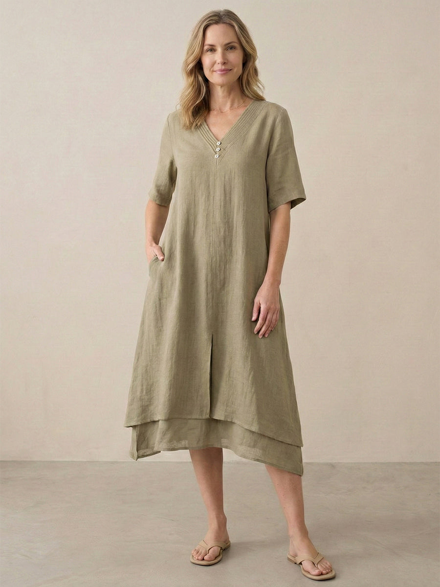 Linen V-Neck Double-Layer Midi Dress